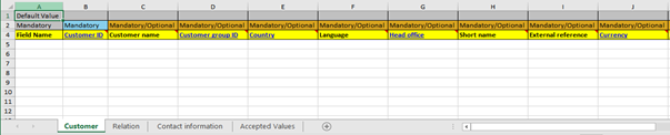 Header tab in excel template screen