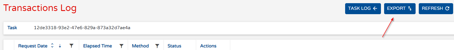 Transactions log export screen