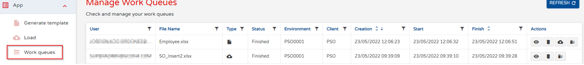 Manage work queues screen