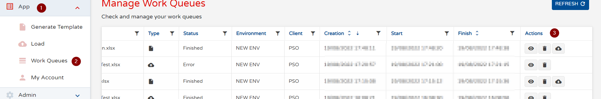 Manage work queues action screen